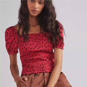 Anthropologie Dolan Polka Dot Smocked Puff-Sleeved Top - Size Medium